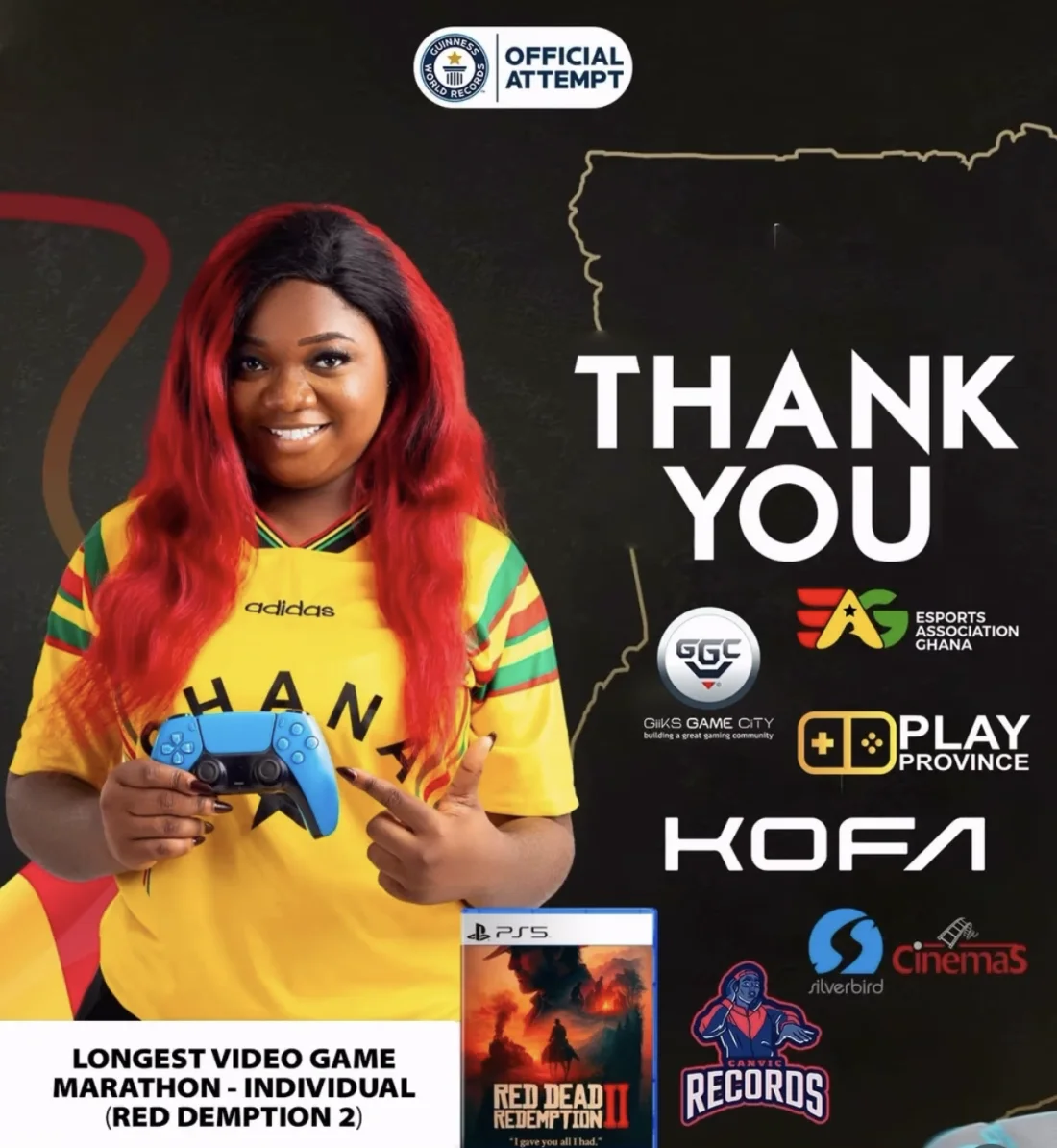 Poster thanking the partners behind her March 2026 Red Dead Redemption II record attempt.